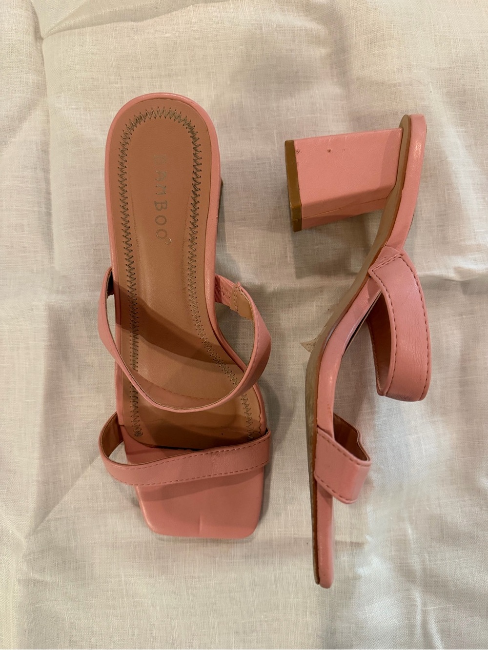BAMBOO Pink Double-Strap Square-Toe Block Heels
